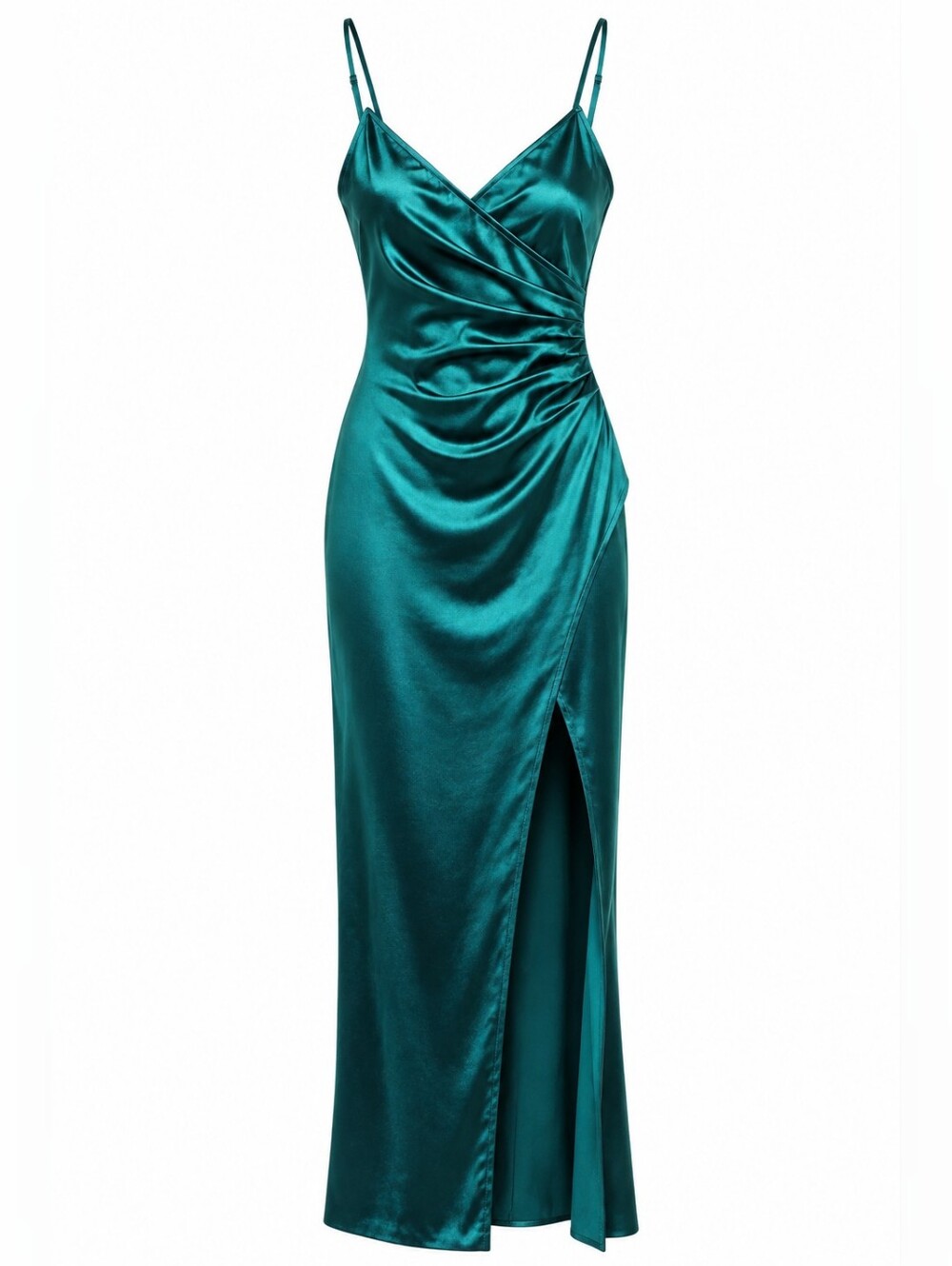 WINDSOR | Jolina Hunter Green Satin Wrap High Slit Formal Maxi Dress | M